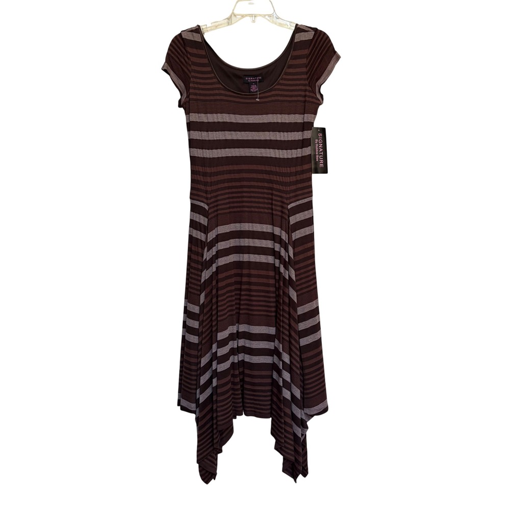 Signature by Robbie Bee Brown Striped Handkerchief Hem Dress Midi‎ 10 New Boho
